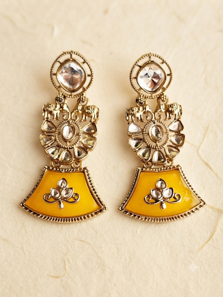 Elephant Heritage Drop Earrings (Saffron Yellow)