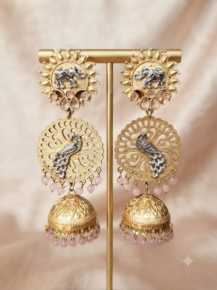 Peacock & Elephant Heritage Jhumka Earrings (Pastel Pink)