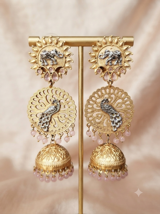 Peacock & Elephant Heritage Jhumka Earrings (Pastel Pink)