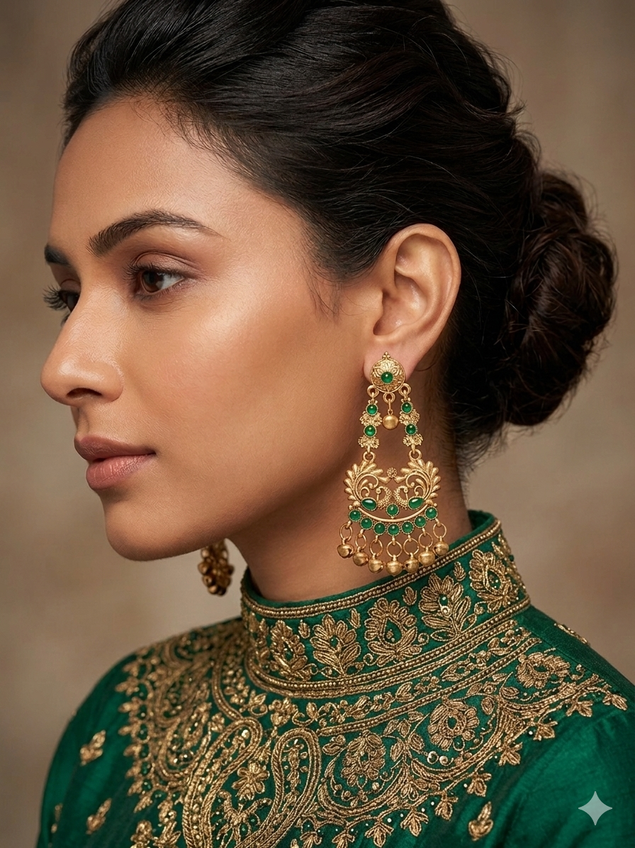 Emerald Peacock Ghungroo Temple Earrings