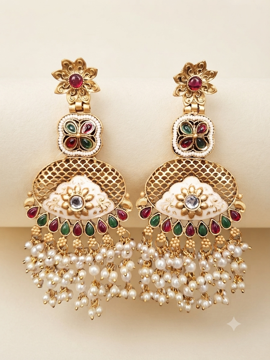 Meenakari Pearl Cascade Earrings (Emerald Green, Ruby Red)