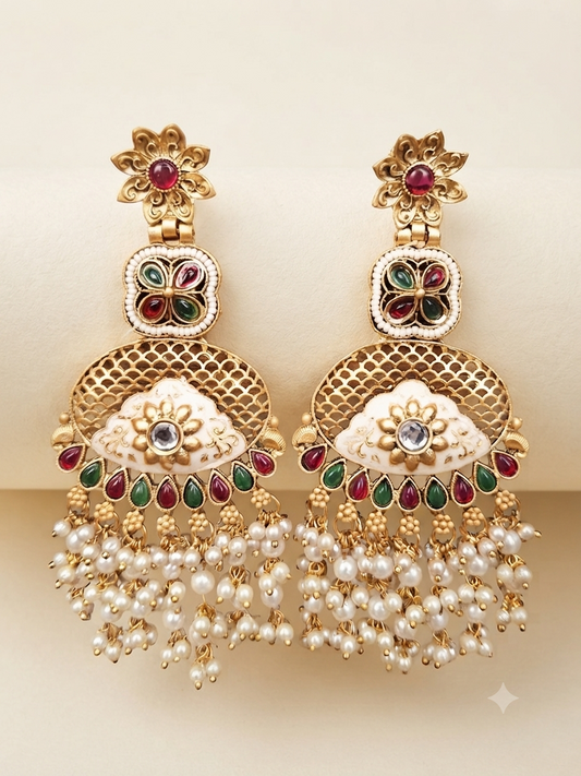 Meenakari Pearl Cascade Earrings (Emerald Green, Ruby Red)