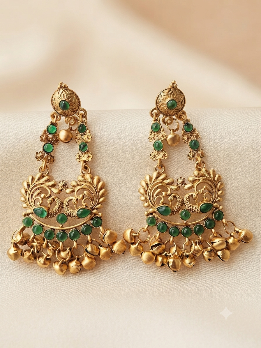 Peacock Ghungroo Temple Earrings (Emerald Green)