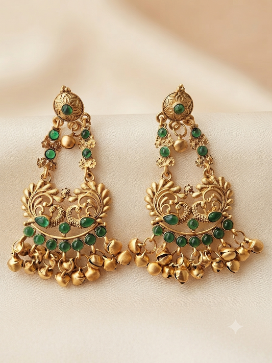 Peacock Ghungroo Temple Earrings (Emerald Green)