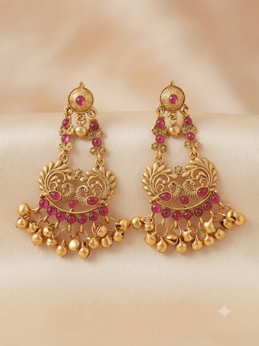 Peacock Ghungroo Temple Earrings (Ruby Pink)