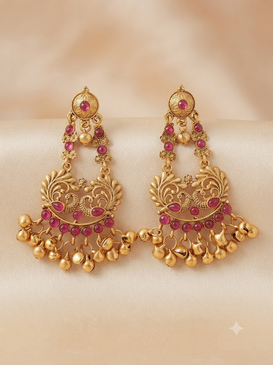 Peacock Ghungroo Temple Earrings (Ruby Pink)