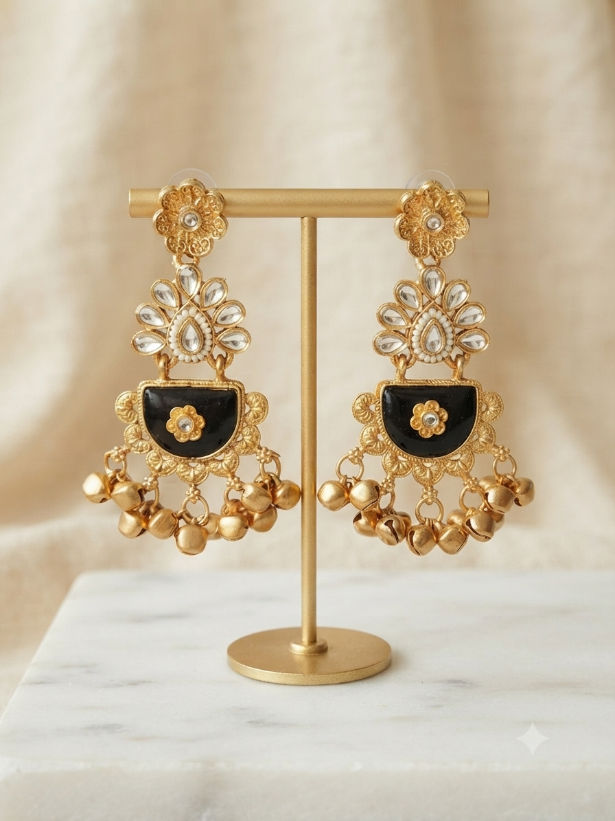 Jet Black Ghungroo Kundan Earrings