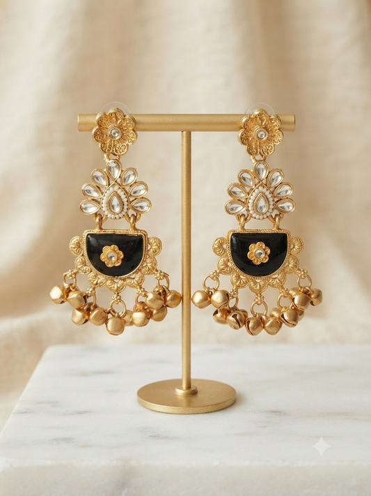 Jet Black Ghungroo Kundan Earrings
