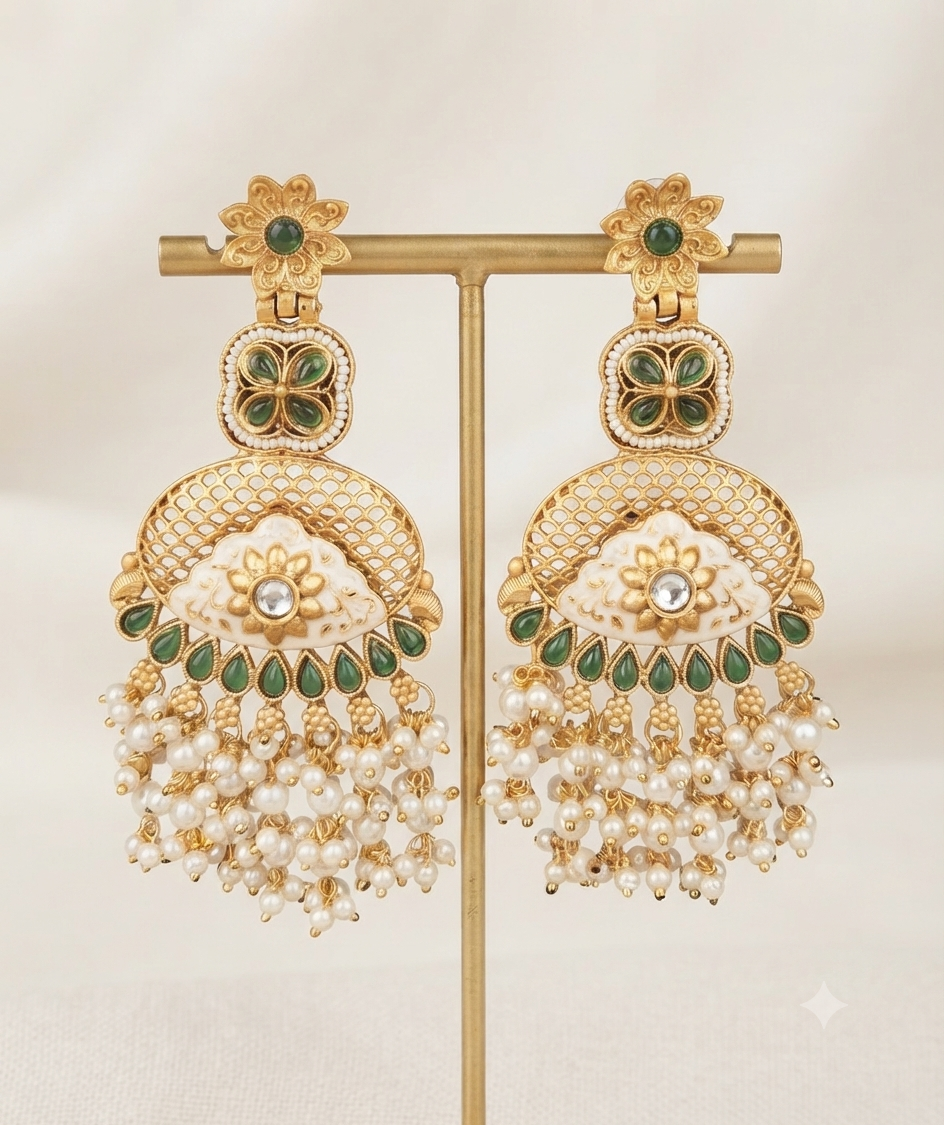 Meenakari Pearl Cascade Earrings (Emerald Green)