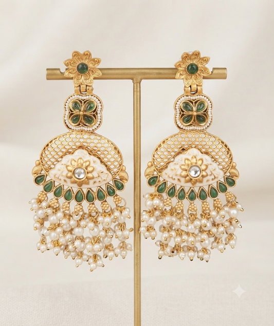 Meenakari Pearl Cascade Earrings (Emerald Green)