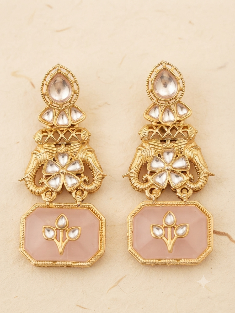 Quartz Elephant Heritage Drop Earrings (Blush Pink)