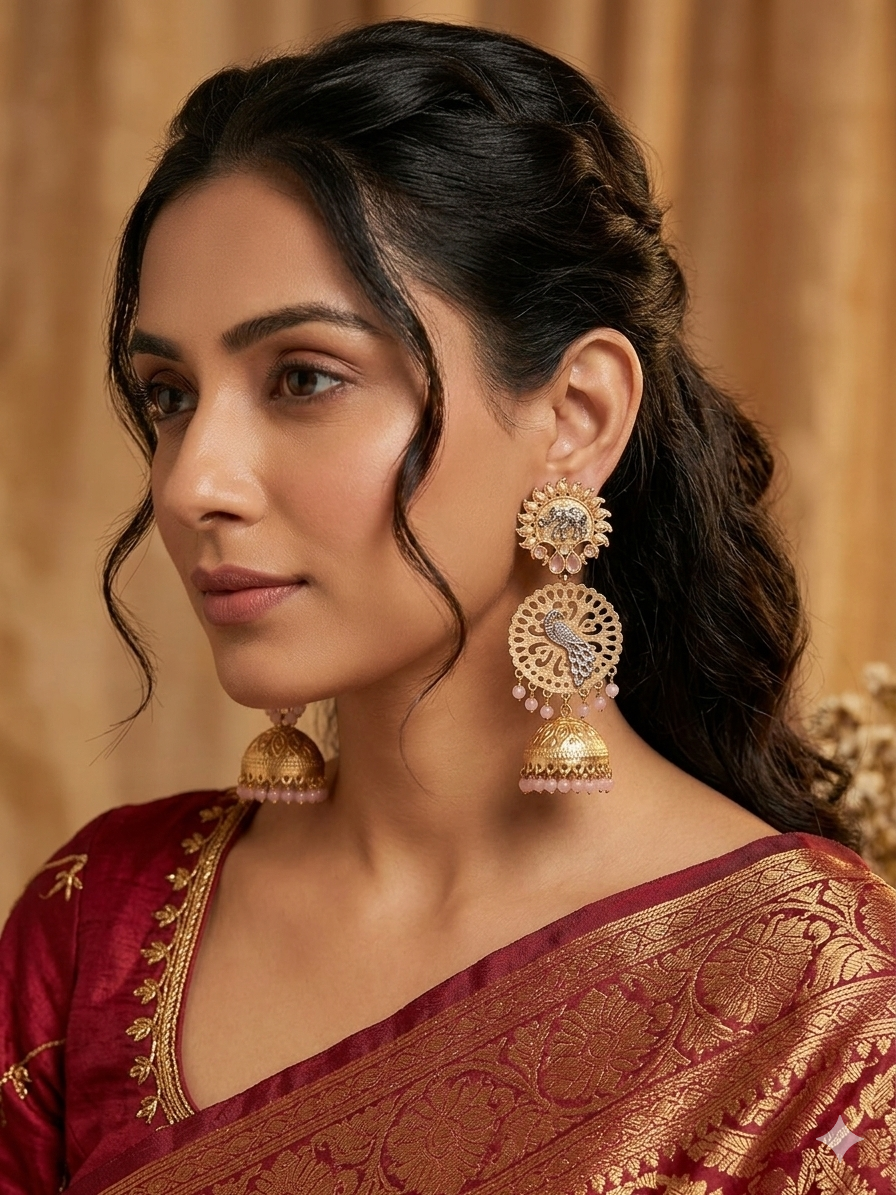 Peacock & Elephant Heritage Jhumka Earrings