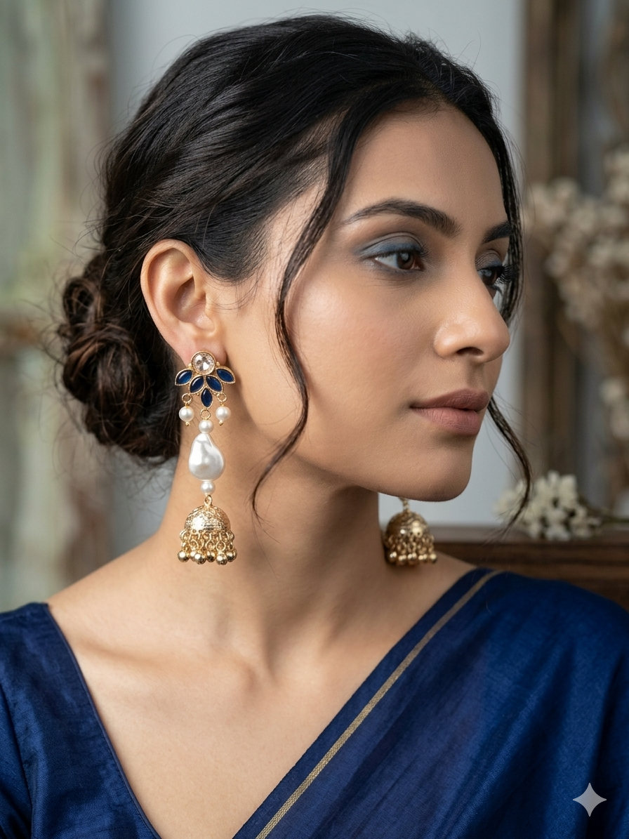 Sapphire Petal Baroque Jhumka Earrings
