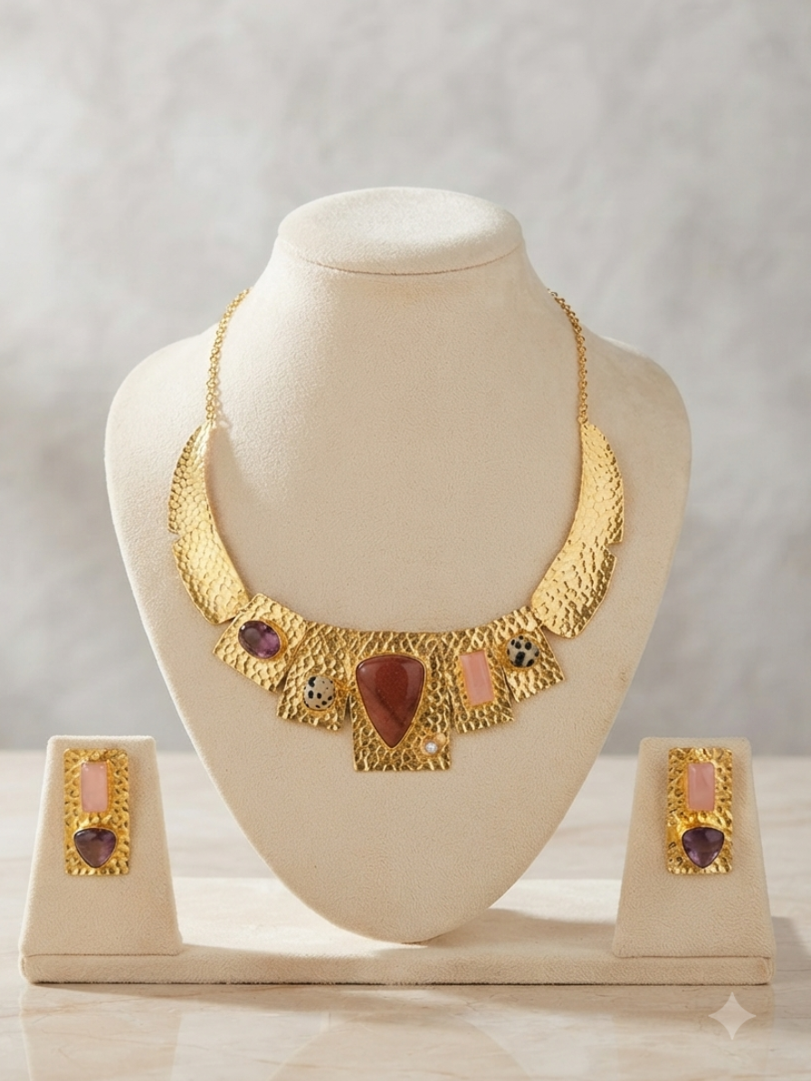 Hammered Mookaite Jasper Gemstone Statement Necklace & Earrings Set