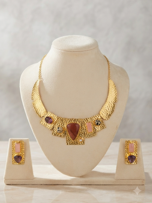 Hammered Mookaite Jasper Gemstone Statement Necklace & Earrings Set