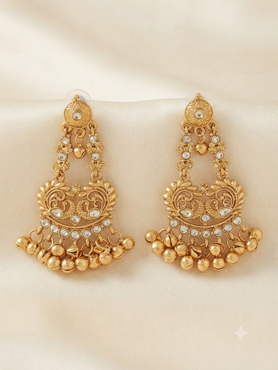 Peacock Ghungroo Temple Earrings (White)