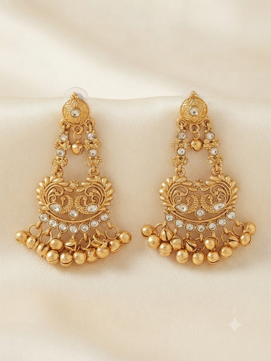 Peacock Ghungroo Temple Earrings (White)