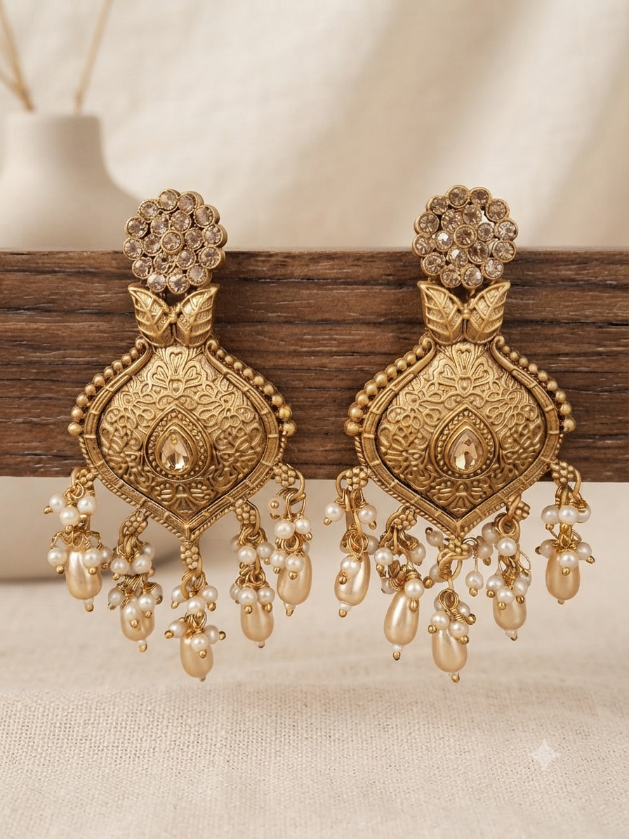 Floral Temple Drop Earrings (White)