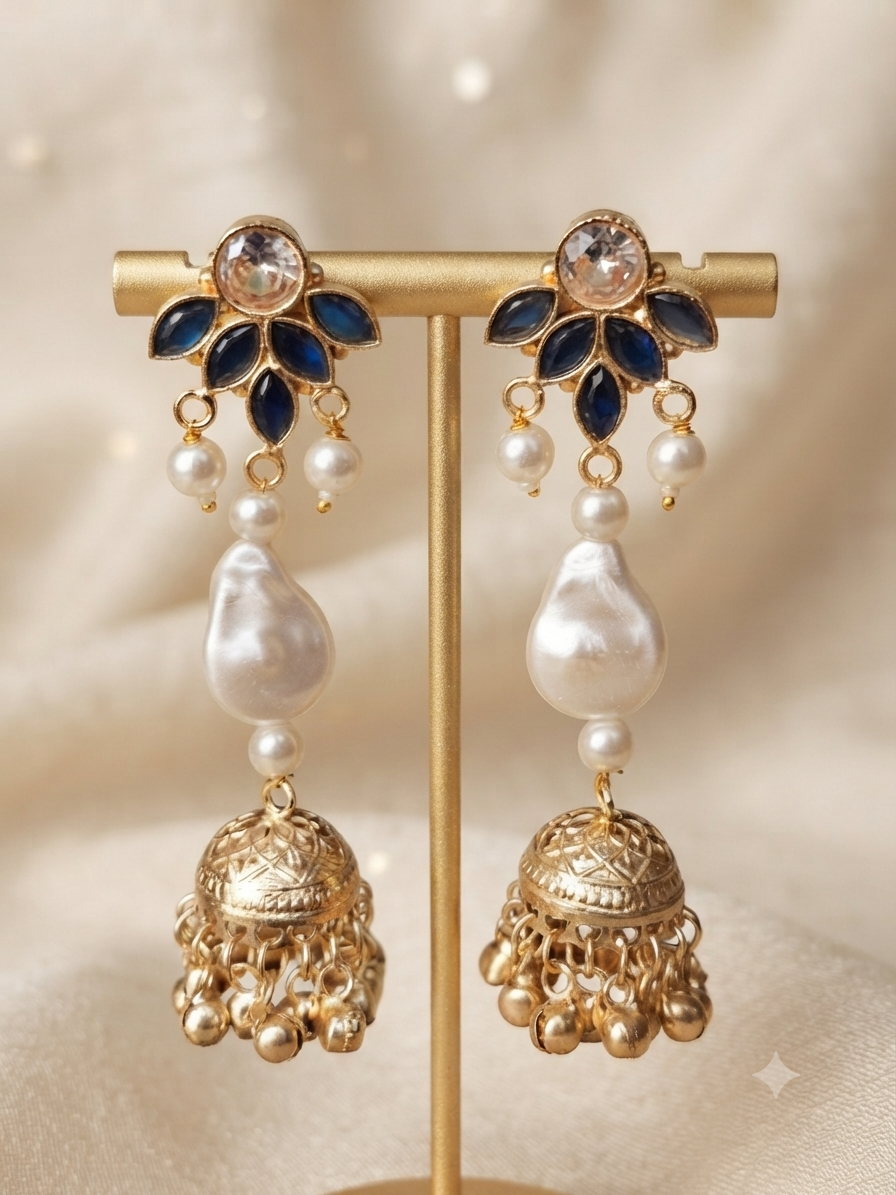 Petal Baroque Jhumka Earrings (Sapphire Blue)