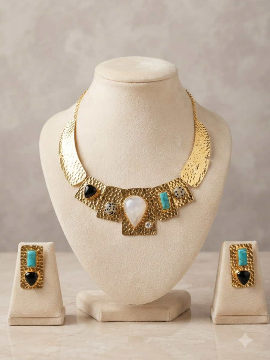 Hammered Moonstone Gemstone Statement Necklace & Earring Set