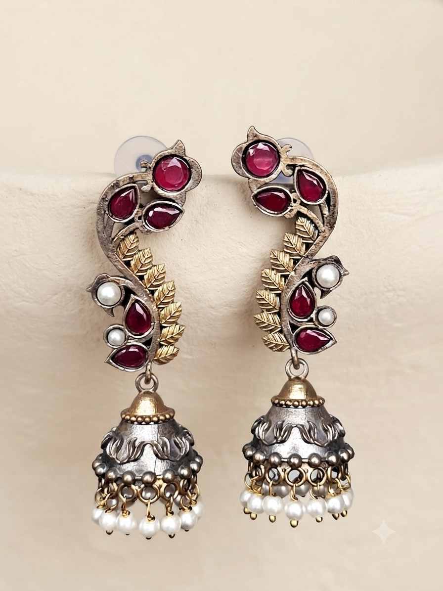 Leaf Cascade Jhumka Earrings (Ruby Pink)