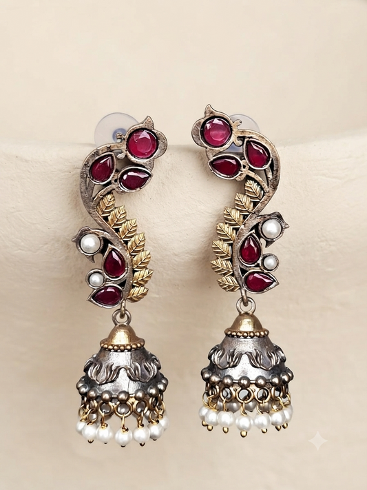 Leaf Cascade Jhumka Earrings (Ruby Pink)