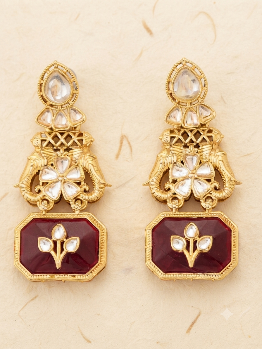 Quartz Elephant Heritage Drop Earrings (Red)