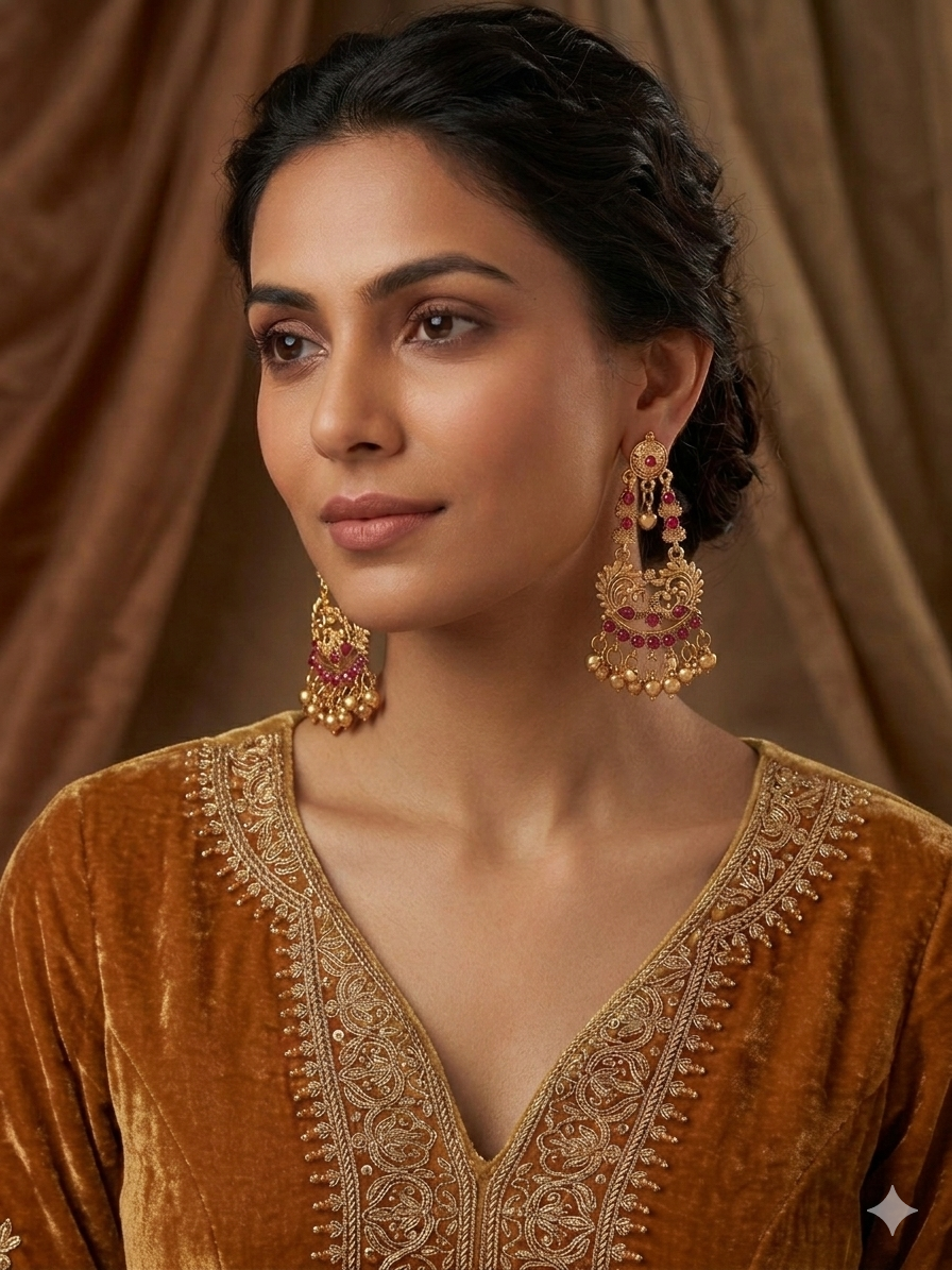 Ruby Peacock Ghungroo Temple Earrings