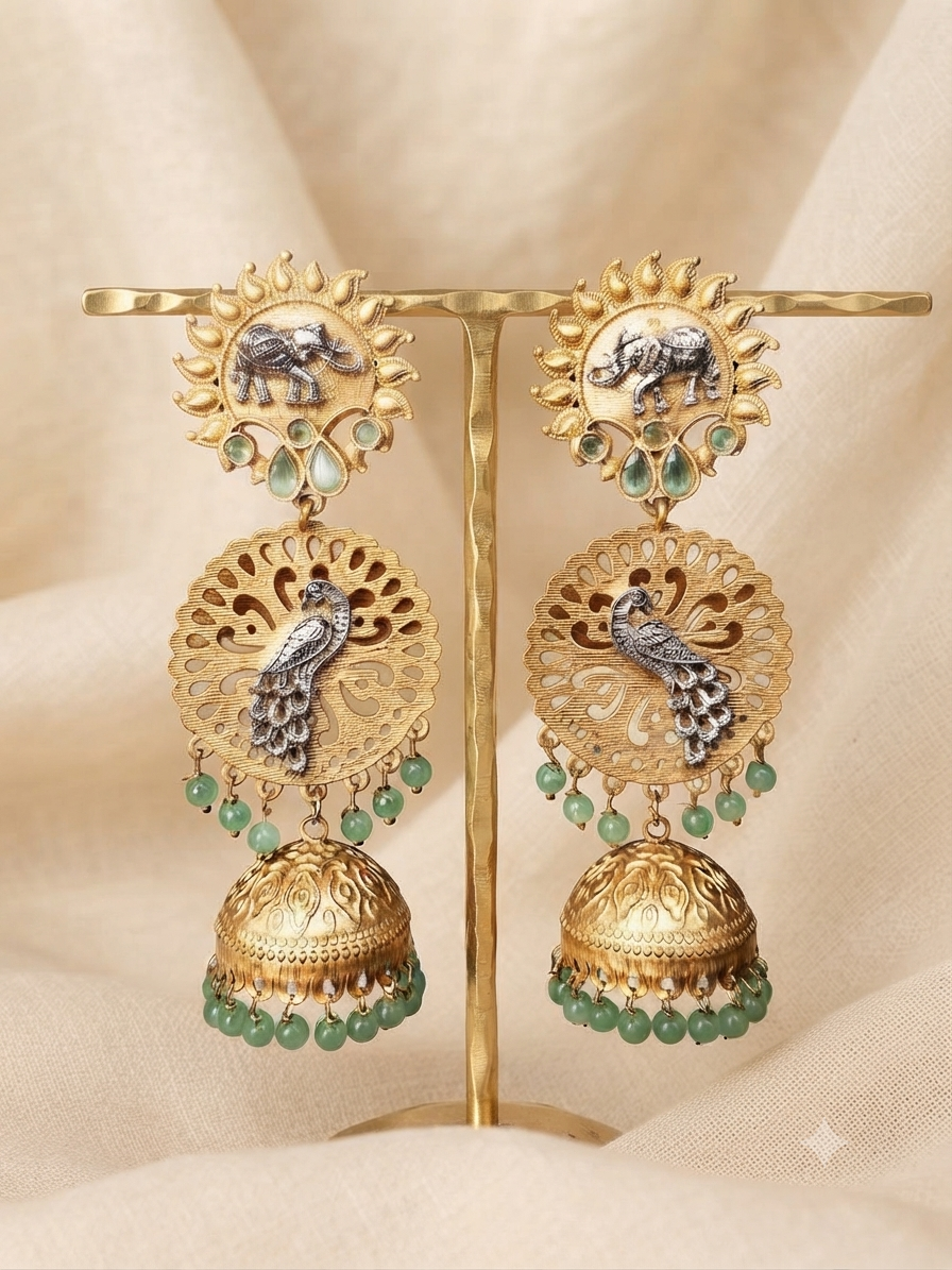 Peacock & Elephant Heritage Jhumka Earrings (Pastel Green)