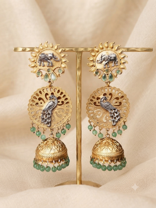 Peacock & Elephant Heritage Jhumka Earrings (Pastel Green)