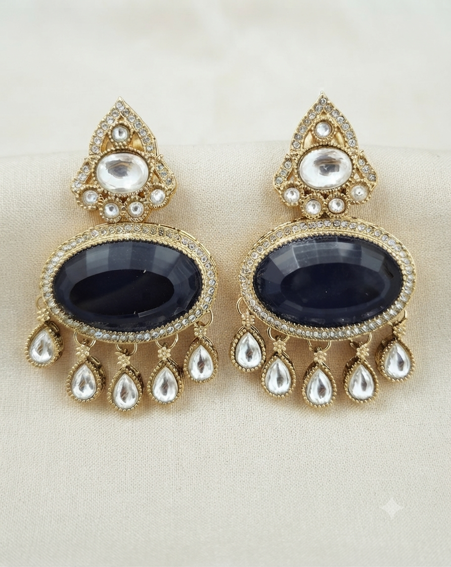 Crystal Oval Chandelier Earrings (Midnight Blue)