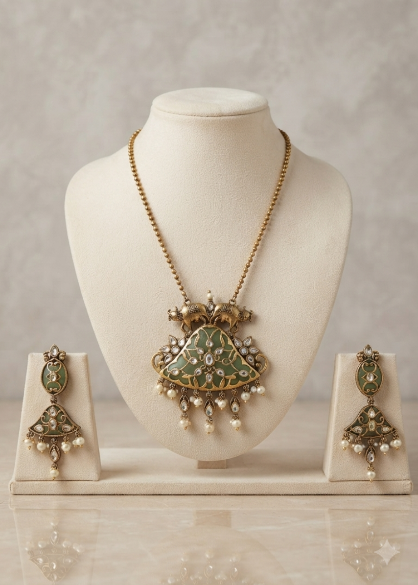 Stunning Antique Gold-Tone Necklace & Earring Set (Sage Green)
