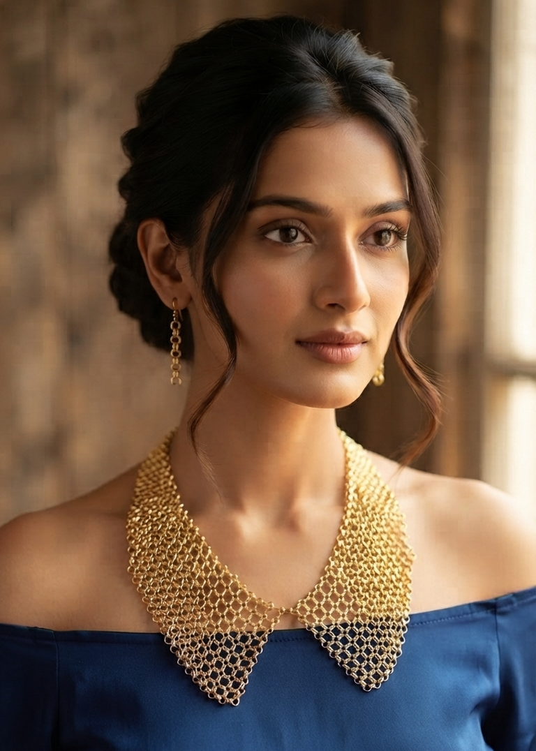 Elara Gold Mesh Earrings & Necklace