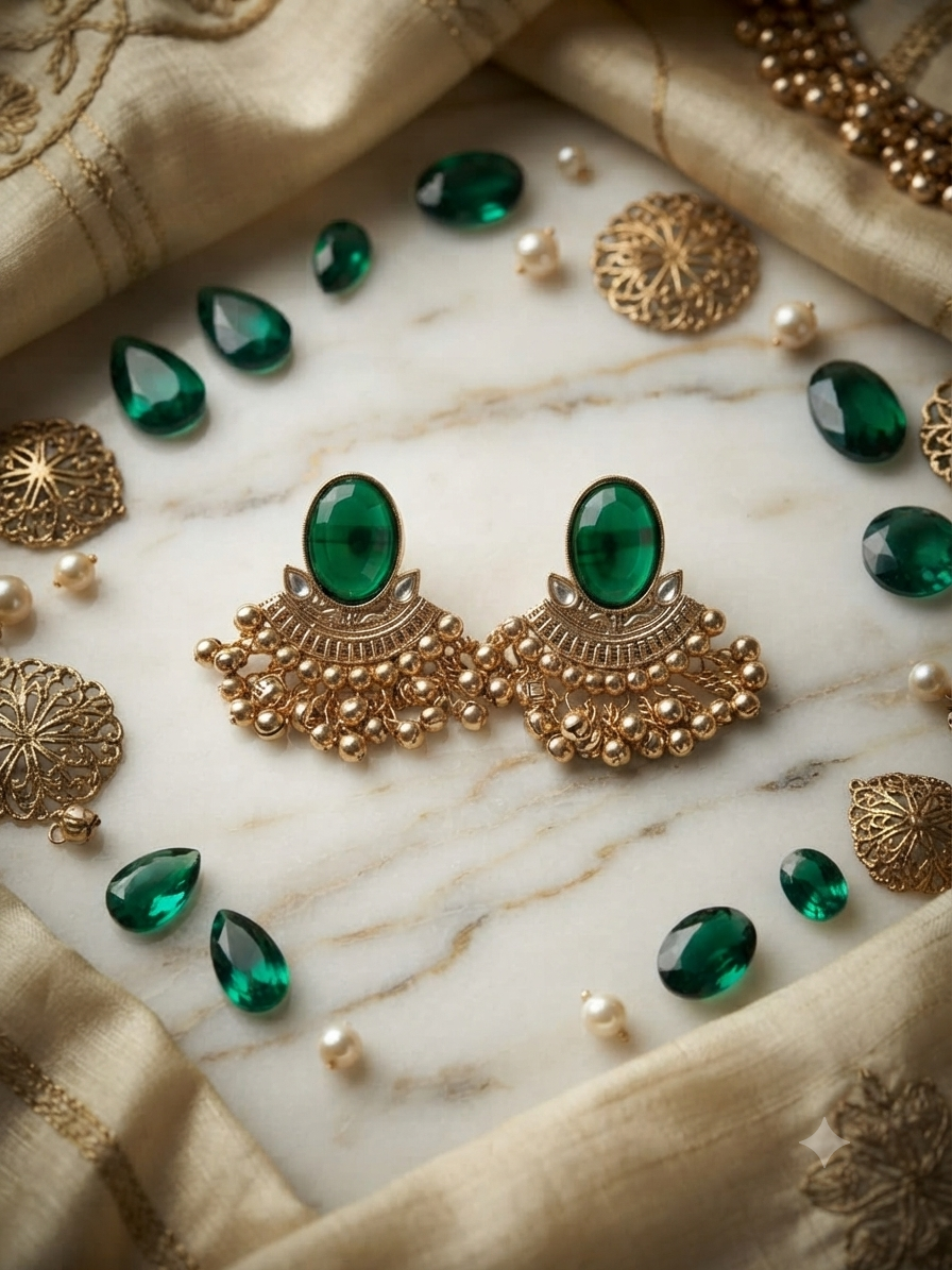 Oval Chandbali Earrings (Emerald Green)