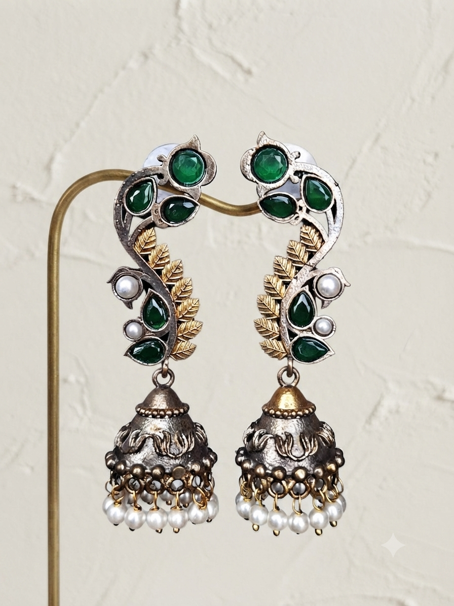 Leaf Cascade Jhumka Earrings (Emerald Green)
