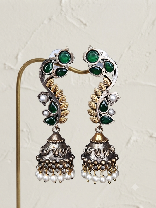 Leaf Cascade Jhumka Earrings (Emerald Green)