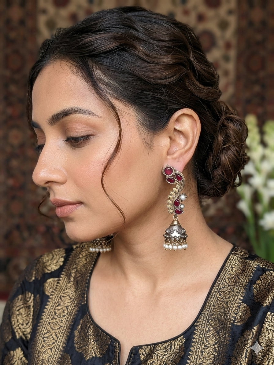 Ruby Leaf Cascade Jhumka Earrings