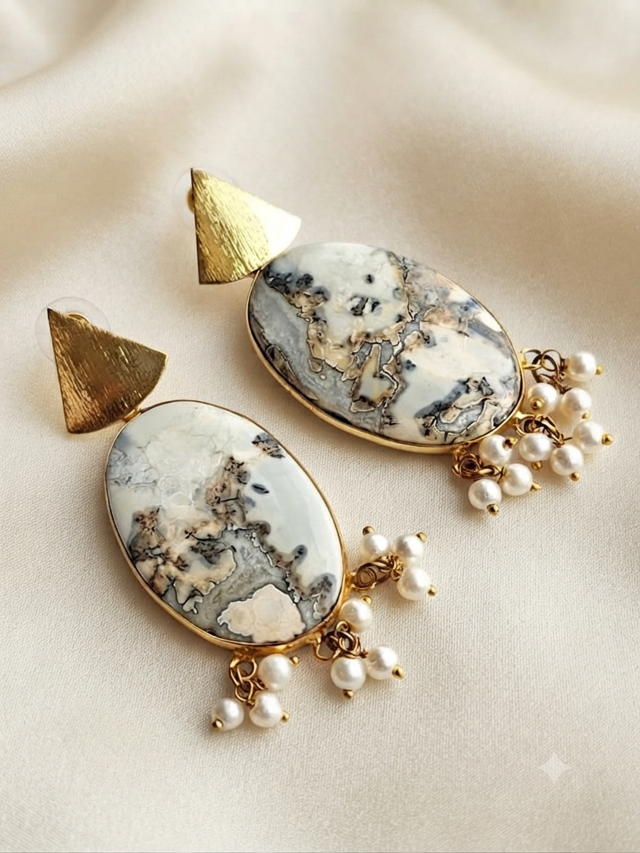 Oval Marble Pearl Drop Earrings