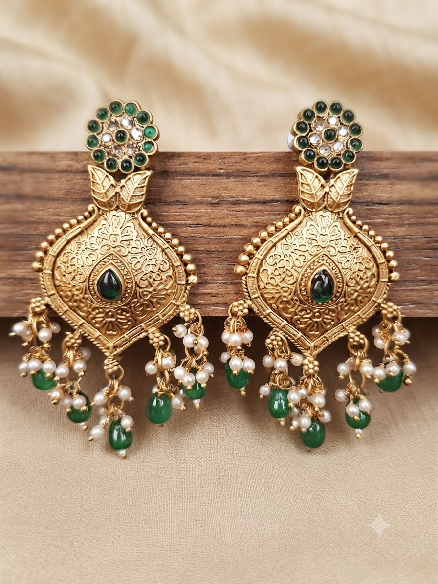 Floral Temple Drop Earrings (Emerald Green)