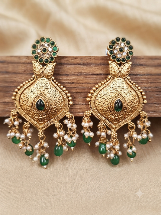 Floral Temple Drop Earrings (Emerald Green)