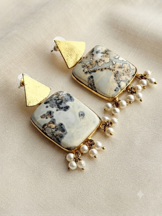 Square Marble Pearl Drop Earrings