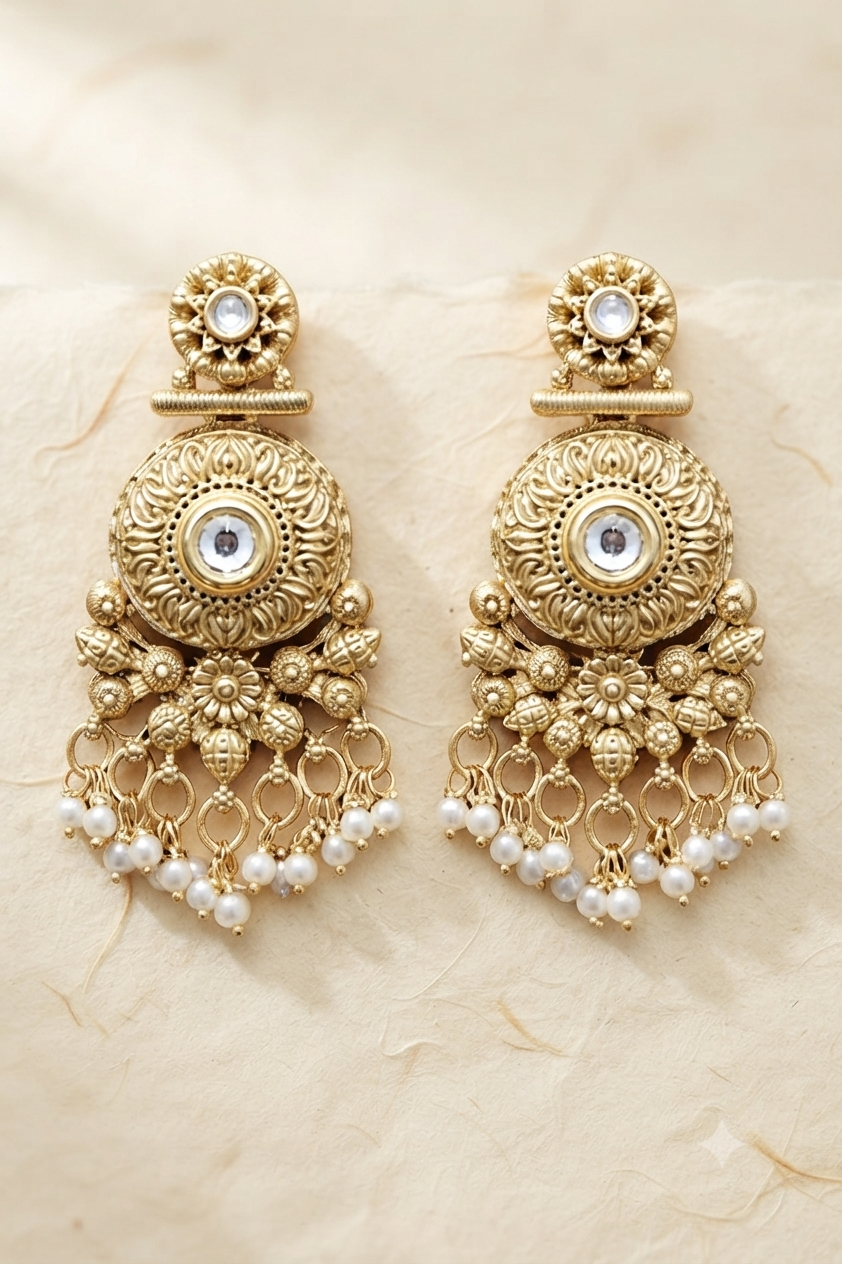 Antique Gold Kundan Medallion Drop Earrings (White Stone)