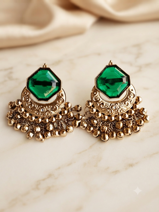 Octagon Chandbali Earrings (Emerald Green)