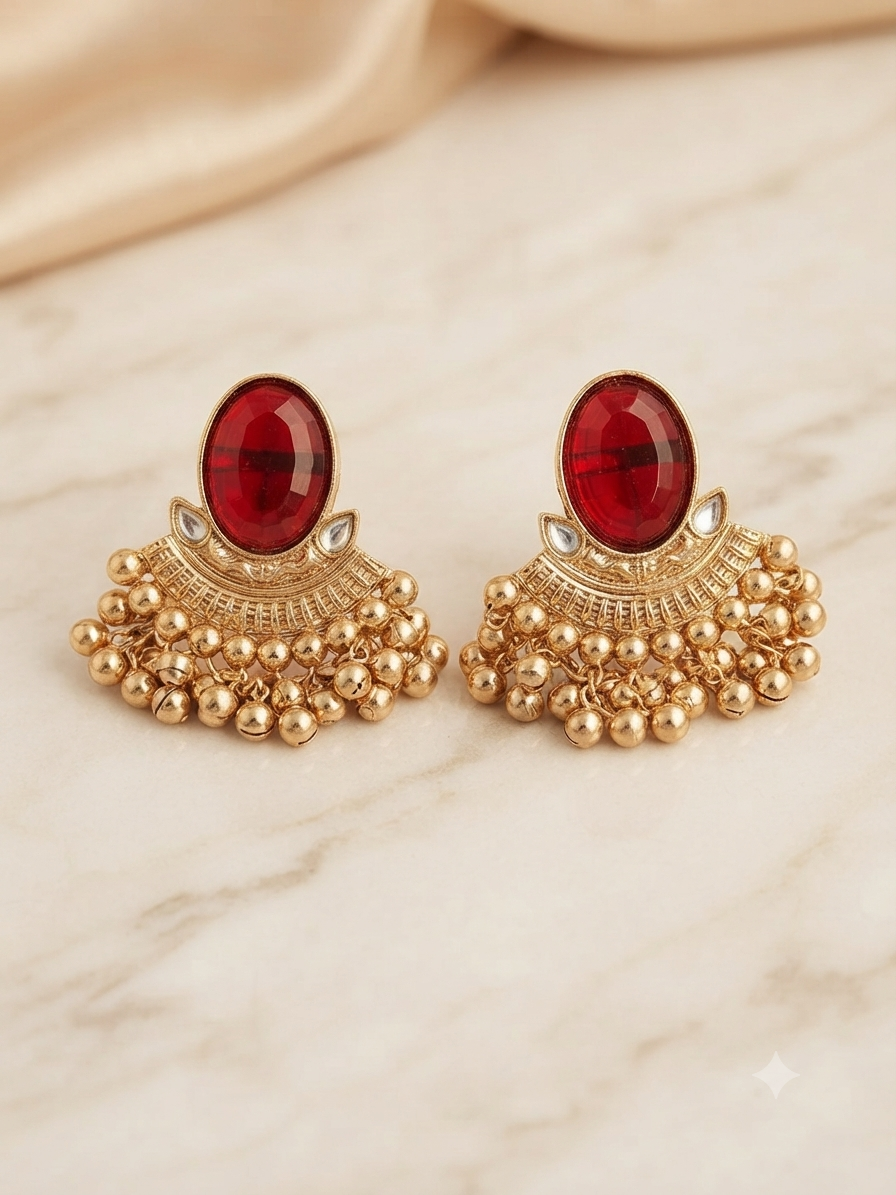 Oval Chandbali Earrings (Ruby Red)
