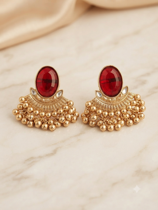 Oval Chandbali Earrings (Ruby Red)