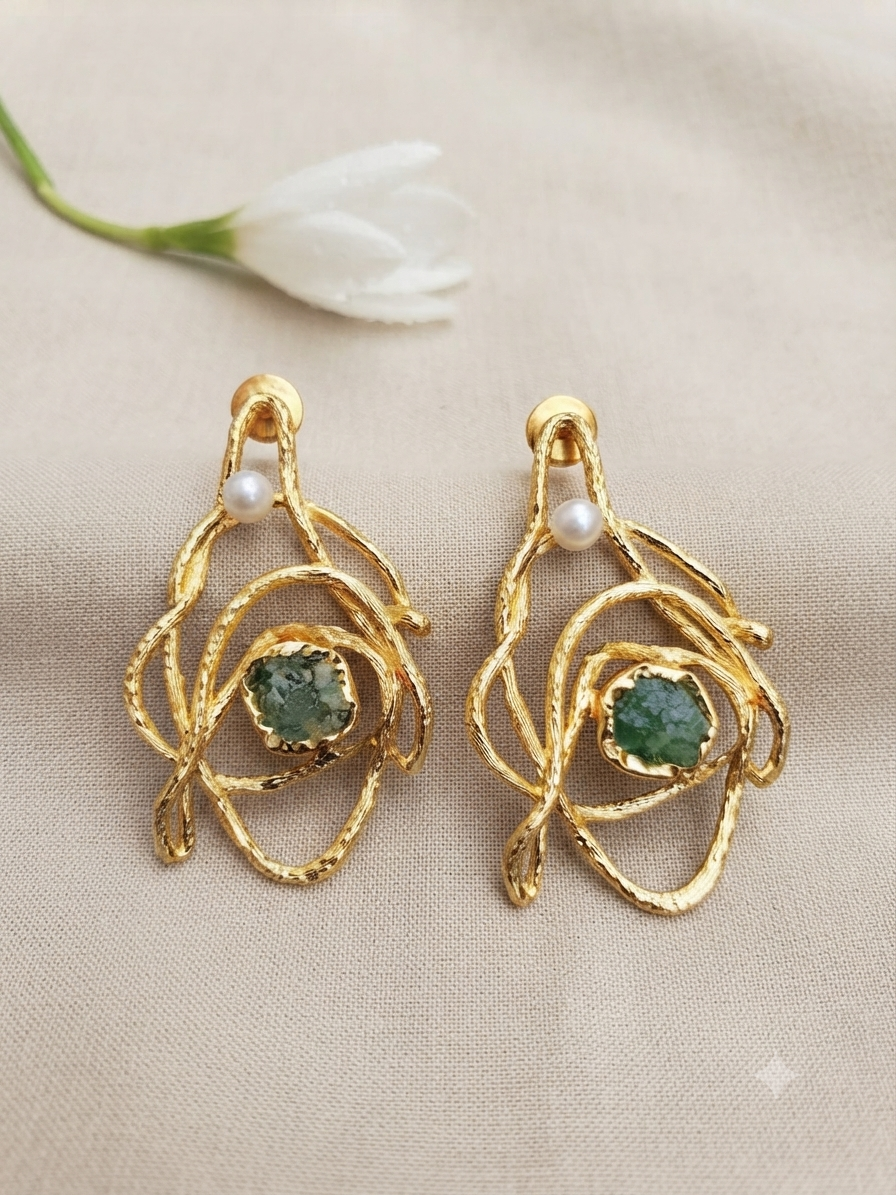 Raw Emerald Abstract Gold-Wire Earrings