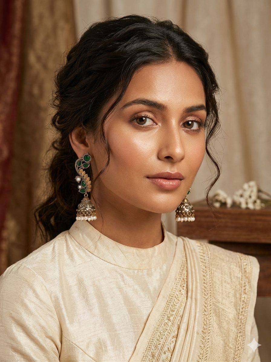 Emerald Leaf Cascade Jhumka Earrings