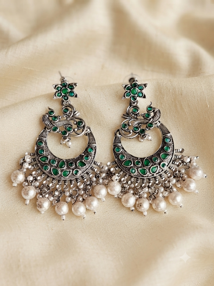 Stellar Moon Chandbali Earrings (Emerald Green)