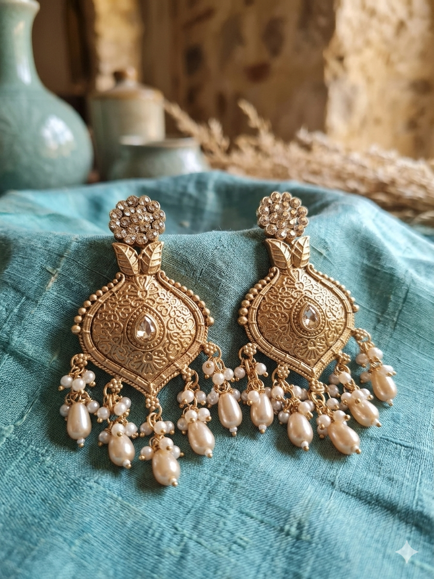 White Floral Temple Drop Earrings