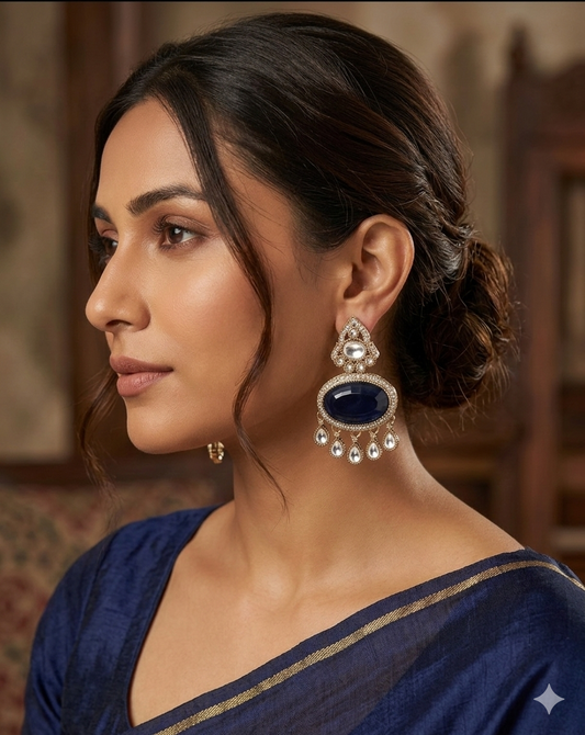 Midnight Blue Kundan Statement Drop Earrings